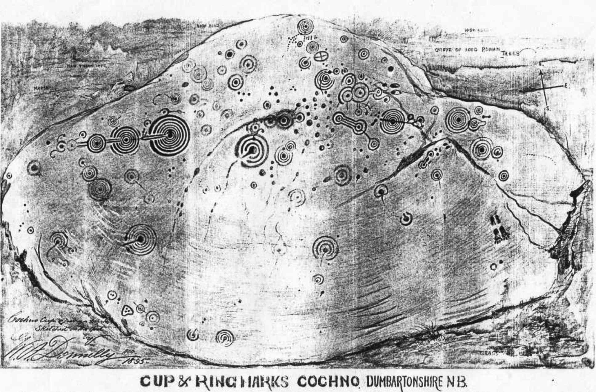 Un boceto de la piedra Cochno por WA Donnelly en 1895